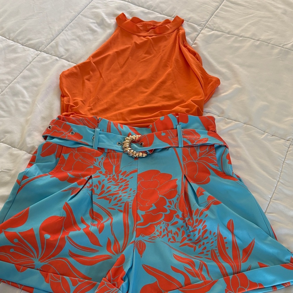 Orange Halter Top with Blue Floral Shorts